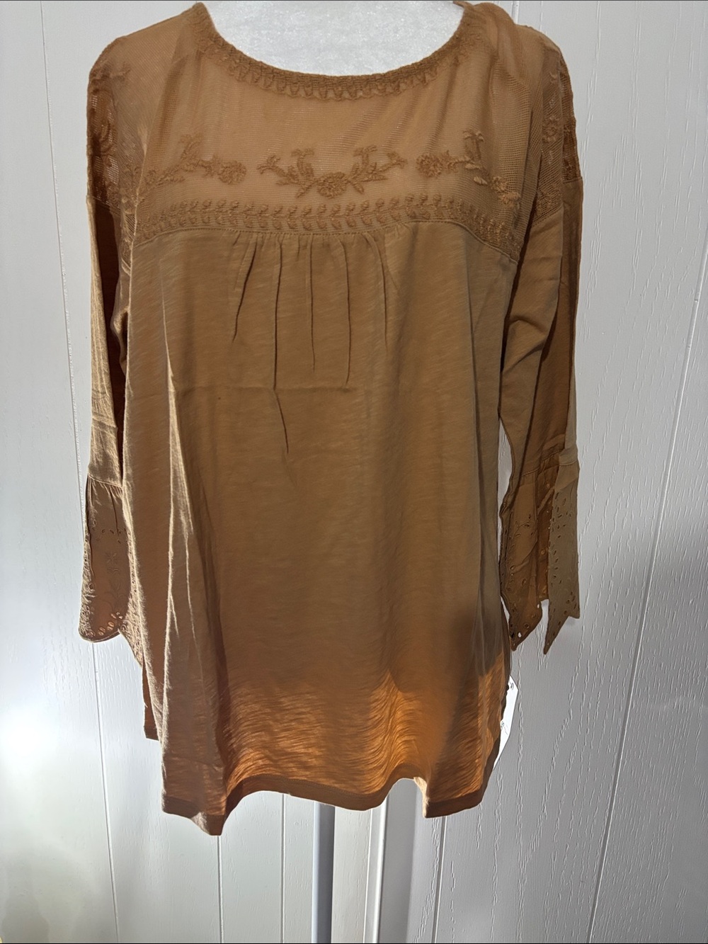 Sonoma Caramel Brown Embroidered 3/4 Sleeve Tunic